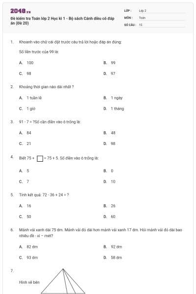 Đề kiểm tra Toán lớp 2 Học kì 1 - Bộ sách Cánh diều có đáp án (Đề 20)