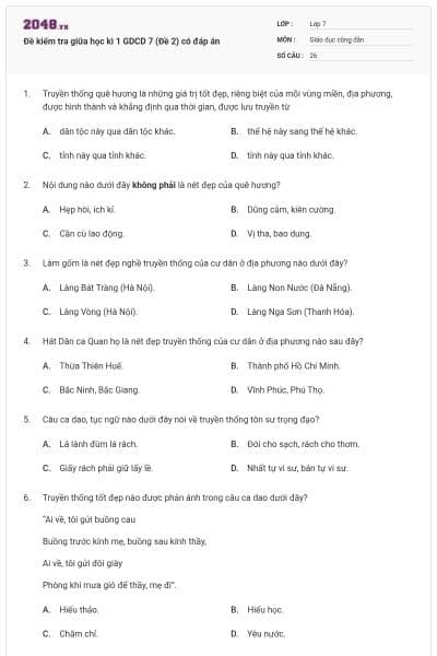 Đề kiểm tra giữa học kì 1 GDCD 7 (Đề 2) có đáp án