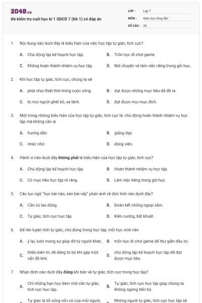 Đề kiểm tra cuối học kì 1 GDCD 7 (Đề 1) có đáp án