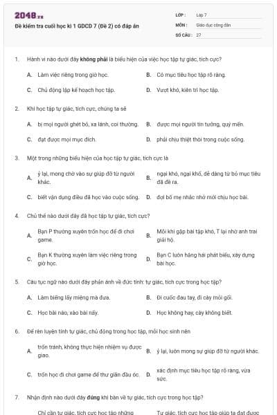 Đề kiểm tra cuối học kì 1 GDCD 7 (Đề 2) có đáp án