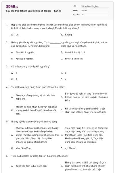 650 câu trắc nghiệm Luật dân sự có đáp án - Phần 25