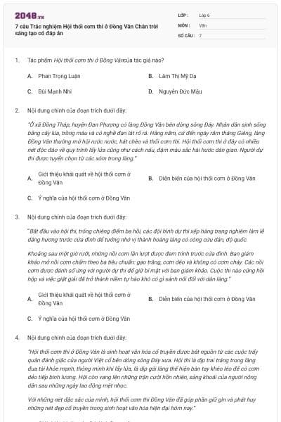 7 câu Trắc nghiệm Hội thổi cơm thi ở Đồng Vân Chân trời sáng tạo có đáp án