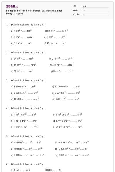Bài tập ôn hè Toán 4 lên 5 Dạng 6: Đại lượng và đo đại lượng có đáp án