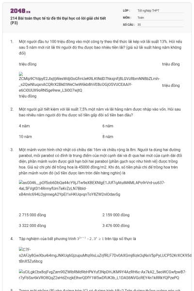 214 Bài toán thực tế từ đề thi Đại học có lời giải chi tiết (P3)