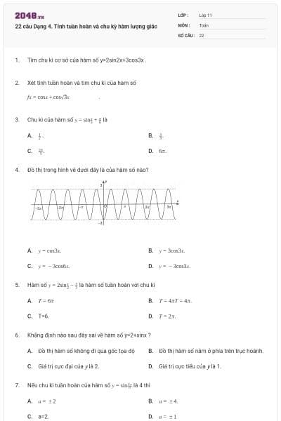 22 câu Dạng 4. Tính tuần hoàn và chu kỳ hàm lượng giác