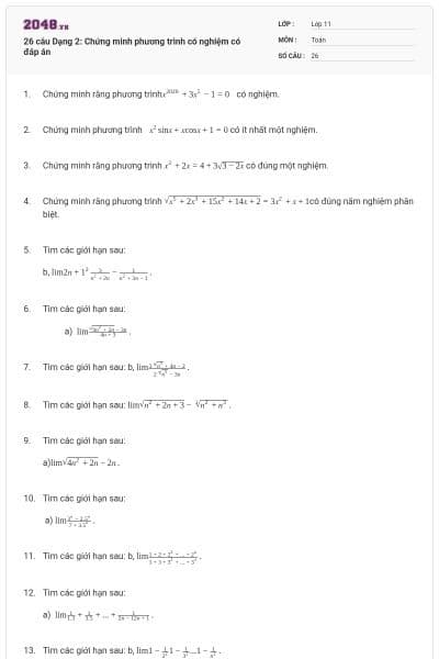 26 câu Dạng 2: Chứng minh phương trình có nghiệm có đáp án