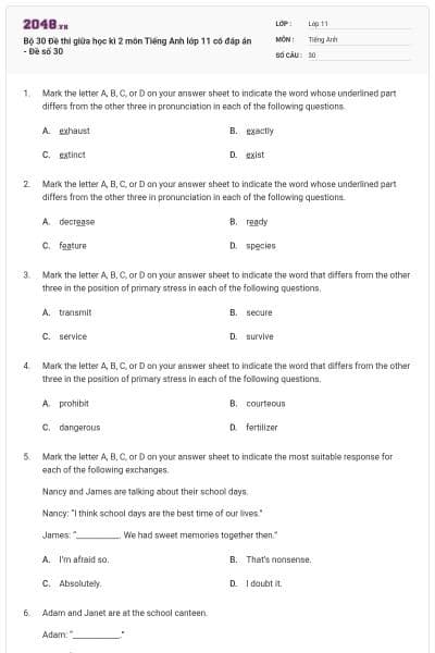 Bộ 30 Đề thi giữa học kì 2 môn Tiếng Anh lớp 11 có đáp án - Đề số 30
