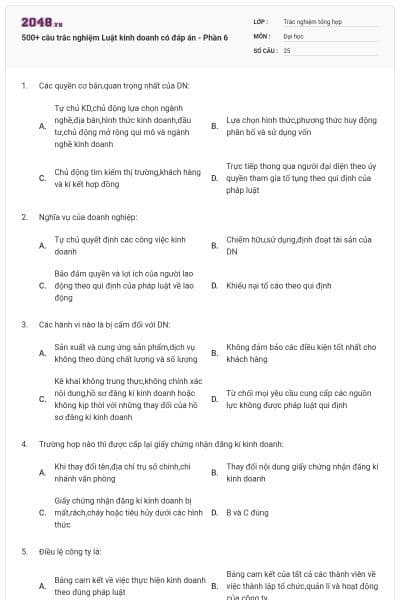 500+ câu trắc nghiệm Luật kinh doanh có đáp án - Phần 6