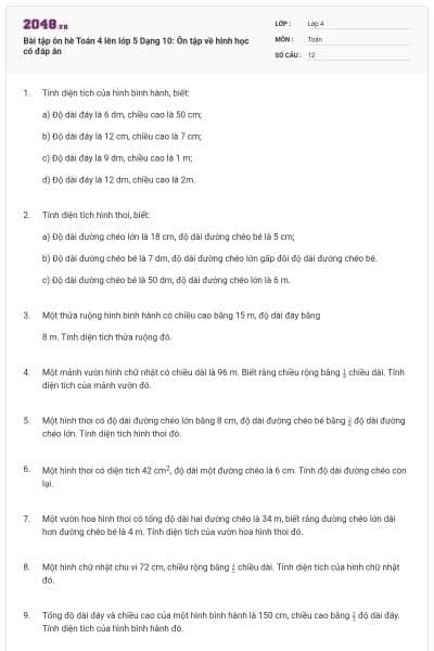 Bài tập ôn hè Toán 4 lên lớp 5 Dạng 10: Ôn tập về hình học có đáp án