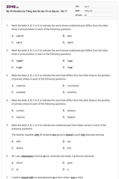 Bộ 20 đề kiểm tra Tiếng Anh thi vào 10 có đáp án - Đề 17