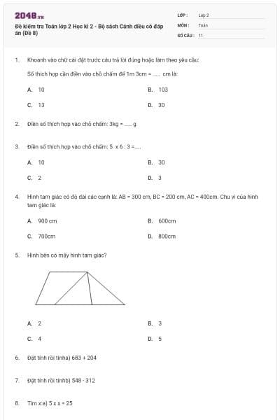 Đề kiểm tra Toán lớp 2 Học kì 2 - Bộ sách Cánh diều có đáp án (Đề 8)