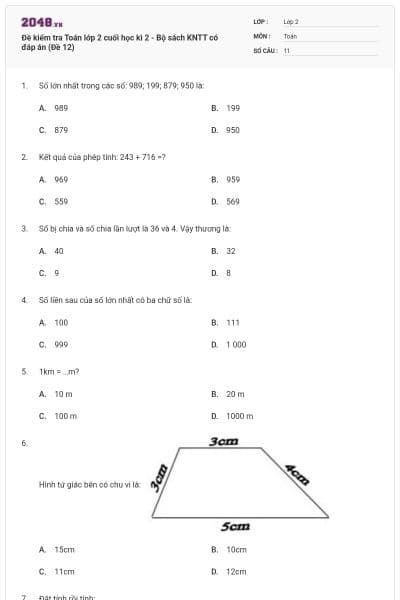 Đề kiểm tra Toán lớp 2 cuối học kì 2 - Bộ sách KNTT có đáp án (Đề 12)