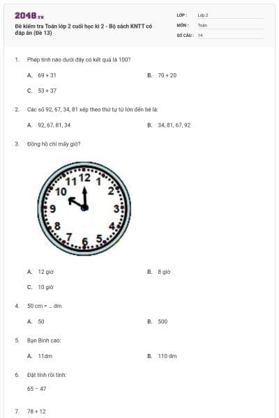 Đề kiểm tra Toán lớp 2 cuối học kì 2 - Bộ sách KNTT có đáp án (Đề 13)