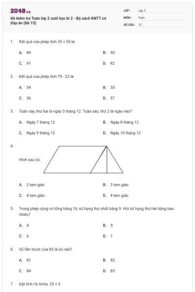 Đề kiểm tra Toán lớp 2 cuối học kì 2 - Bộ sách KNTT có đáp án (Đề 15)