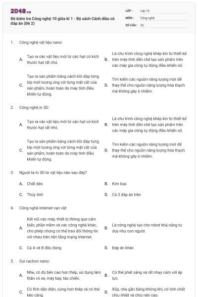 Đề kiểm tra Công nghệ 10 giữa kì 1 - Bộ sách Cánh diều có đáp án (Đề 2)