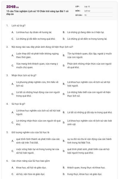 15 câu Trắc nghiệm Lịch sử 10 Chân trời sáng tạo Bài 1 có đáp án