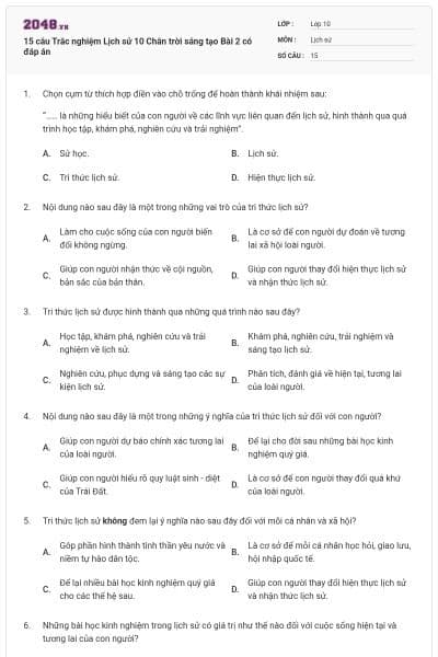 15 câu Trắc nghiệm Lịch sử 10 Chân trời sáng tạo Bài 2 có đáp án