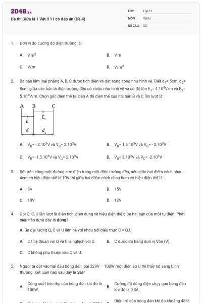 Đề thi Giữa kì 1 Vật lí 11 có đáp án (Đề 4)