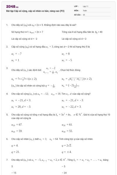 Bài tập Cấp số cộng, cấp số nhân cơ bản, nâng cao (P3)