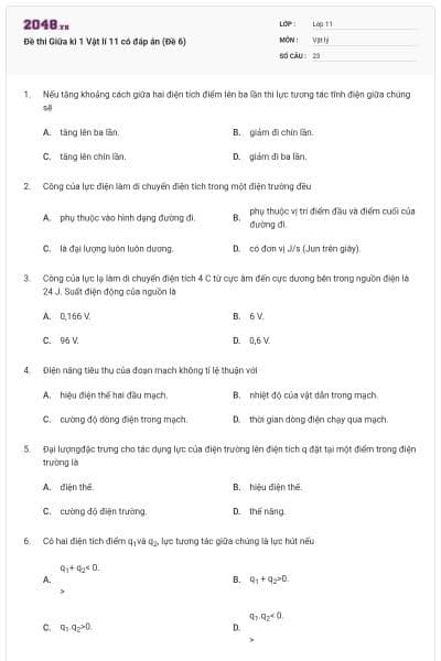 Đề thi Giữa kì 1 Vật lí 11 có đáp án (Đề 6)