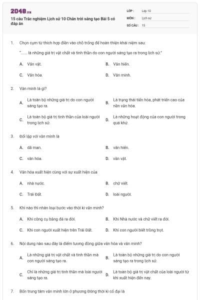 15 câu Trắc nghiệm Lịch sử 10 Chân trời sáng tạo Bài 5 có đáp án
