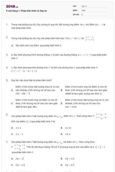 8 câu Dạng 1: Phép biến hình có đáp án