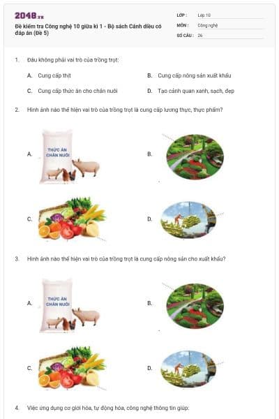 Đề kiểm tra Công nghệ 10 giữa kì 1 - Bộ sách Cánh diều có đáp án (Đề 5)