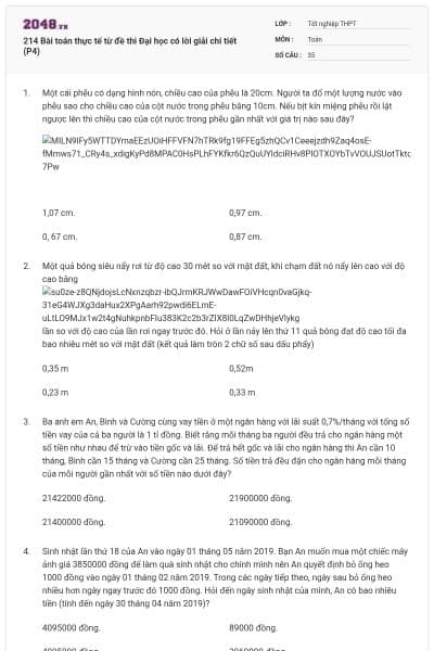 214 Bài toán thực tế từ đề thi Đại học có lời giải chi tiết (P4)