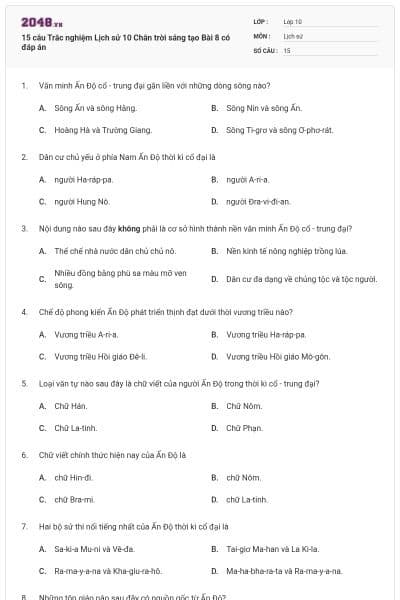 15 câu Trắc nghiệm Lịch sử 10 Chân trời sáng tạo Bài 8 có đáp án