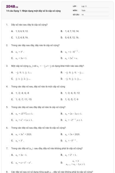 14 câu Dạng 1: Nhận dạng một dãy số là cấp số cộng