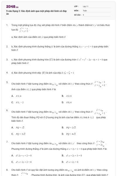 9 câu Dạng 2: Xác định ảnh qua một phép dời hình có đáp án