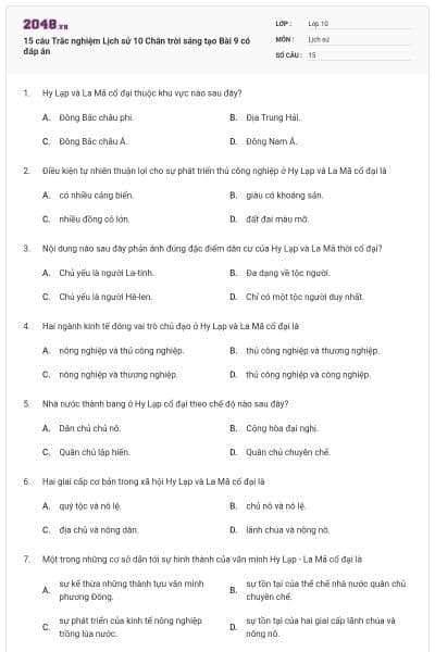 15 câu Trắc nghiệm Lịch sử 10 Chân trời sáng tạo Bài 9 có đáp án