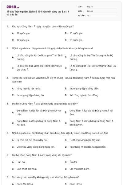 15 câu Trắc nghiệm Lịch sử 10 Chân trời sáng tạo Bài 13 có đáp án