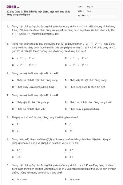 12 câu Dạng 1: Tìm ảnh của một điểm, một hình qua phép đông dạng có đáp án