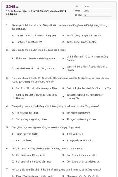 15 câu Trắc nghiệm Lịch sử 10 Chân trời sáng tạo Bài 14 có đáp án