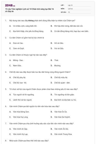 15 câu Trắc nghiệm Lịch sử 10 Chân trời sáng tạo Bài 16 có đáp án