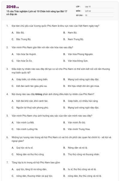 15 câu Trắc nghiệm Lịch sử 10 Chân trời sáng tạo Bài 17 có đáp án