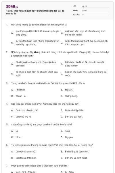 15 câu Trắc nghiệm Lịch sử 10 Chân trời sáng tạo Bài 18 có đáp án