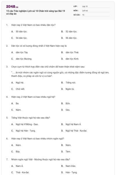 15 câu Trắc nghiệm Lịch sử 10 Chân trời sáng tạo Bài 19 có đáp án