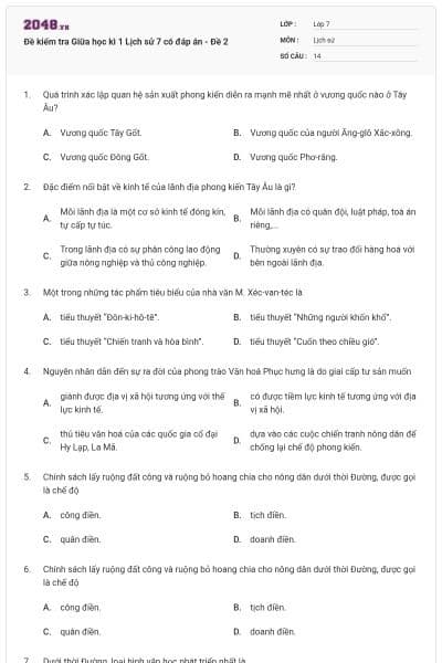 Đề kiểm tra Giữa học kì 1 Lịch sử 7 có đáp án - Đề 2