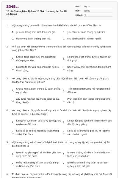 15 câu Trắc nghiệm Lịch sử 10 Chân trời sáng tạo Bài 20 có đáp án