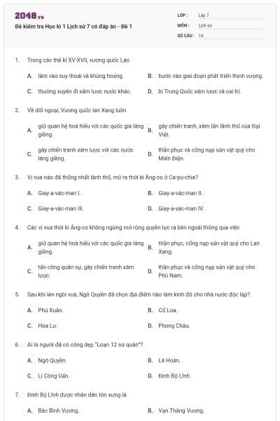 Đề kiểm tra Học kì 1 Lịch sử 7 có đáp án - Đề 1