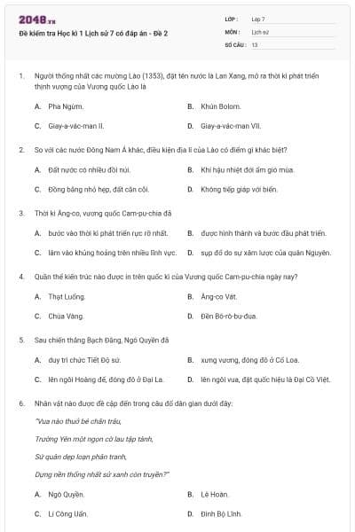 Đề kiểm tra Học kì 1 Lịch sử 7 có đáp án - Đề 2