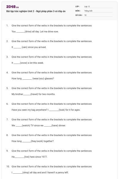 Bài tập trắc nghiệm Unit 2 - Ngữ pháp phần 3 có đáp án