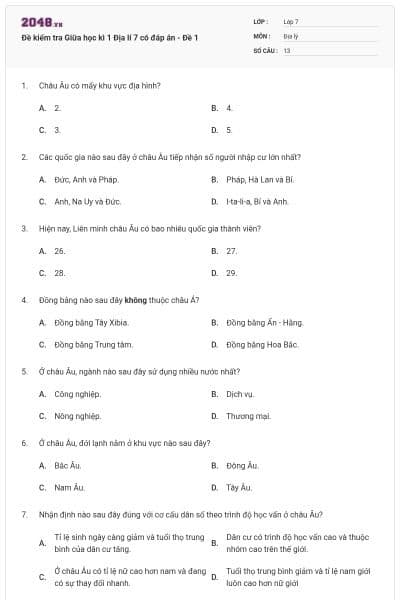 Đề kiểm tra Giữa học kì 1 Địa lí 7 có đáp án - Đề 1