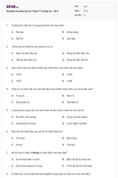 Đề kiểm tra Giữa học kì 1 Địa lí 7 có đáp án - Đề 2