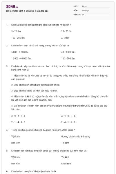 Đề kiểm tra Sinh 6 Chương 1 (có đáp án)