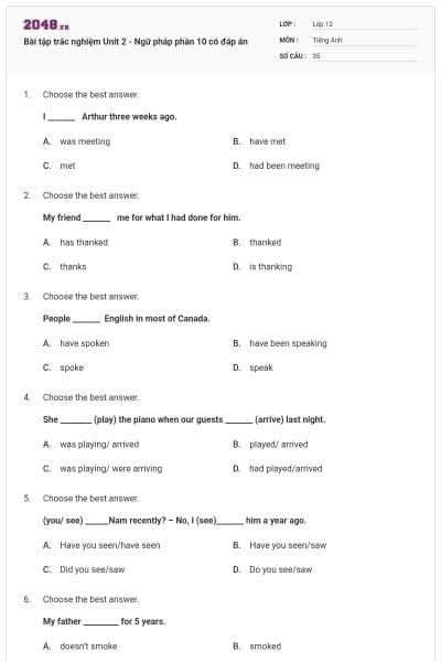 Bài tập trắc nghiệm Unit 2 - Ngữ pháp phần 10 có đáp án