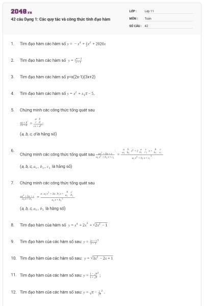 42 câu Dạng 1: Các quy tắc và công thức tính đạo hàm