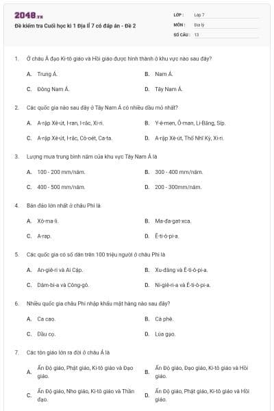 Đề kiểm tra Cuối học kì 1 Địa lÍ 7 có đáp án - Đề 2